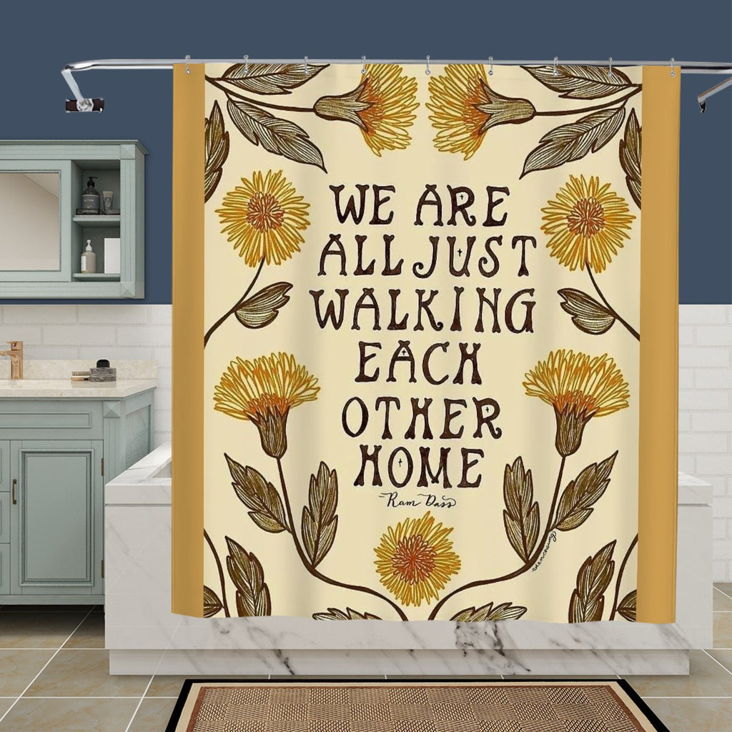 Cream shower curtain with yellow floral patterns and inspirational quote text.