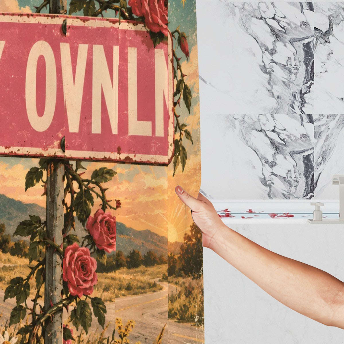 My Own Lane Shower Curtain - 72" x 72" Rustic Floral Road Sign Decor