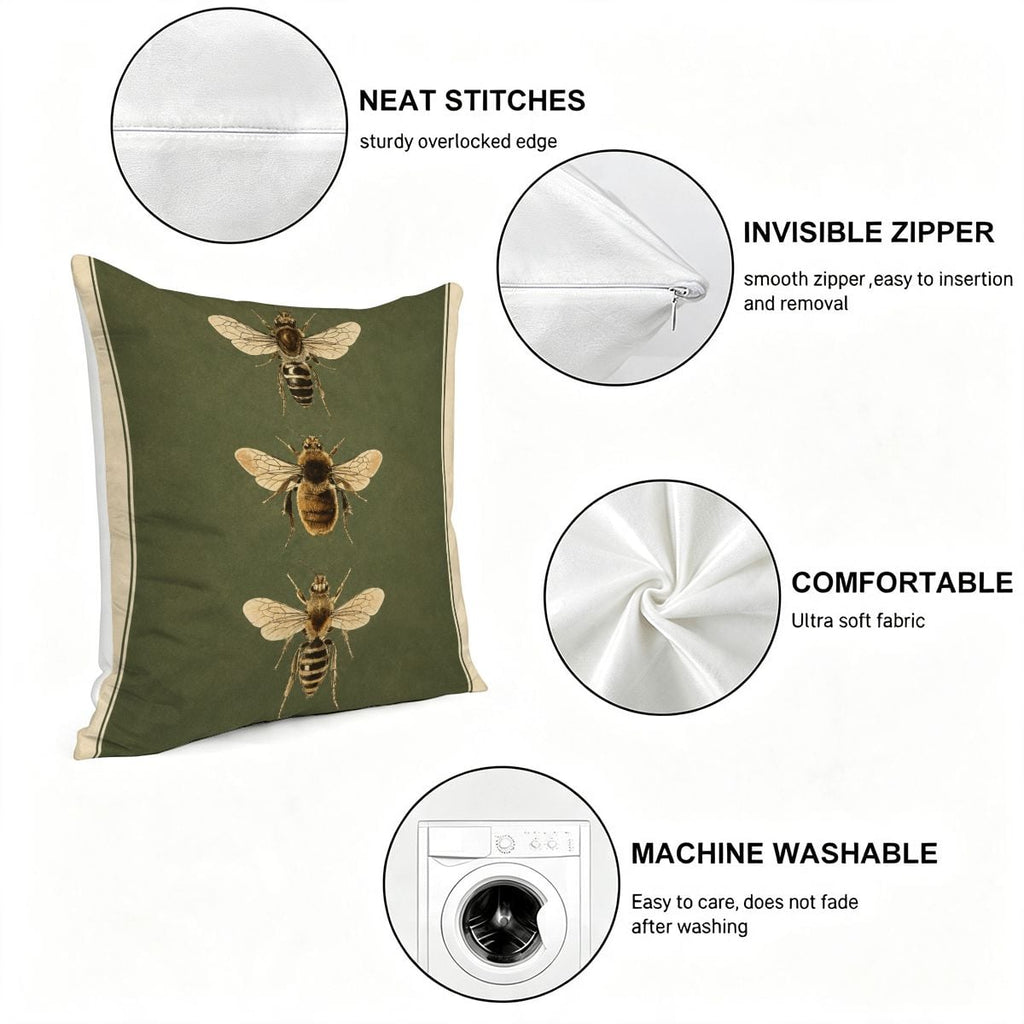 Decorative olive green throw pillow with bee print, featuring an invisible zipper and soft fabric.