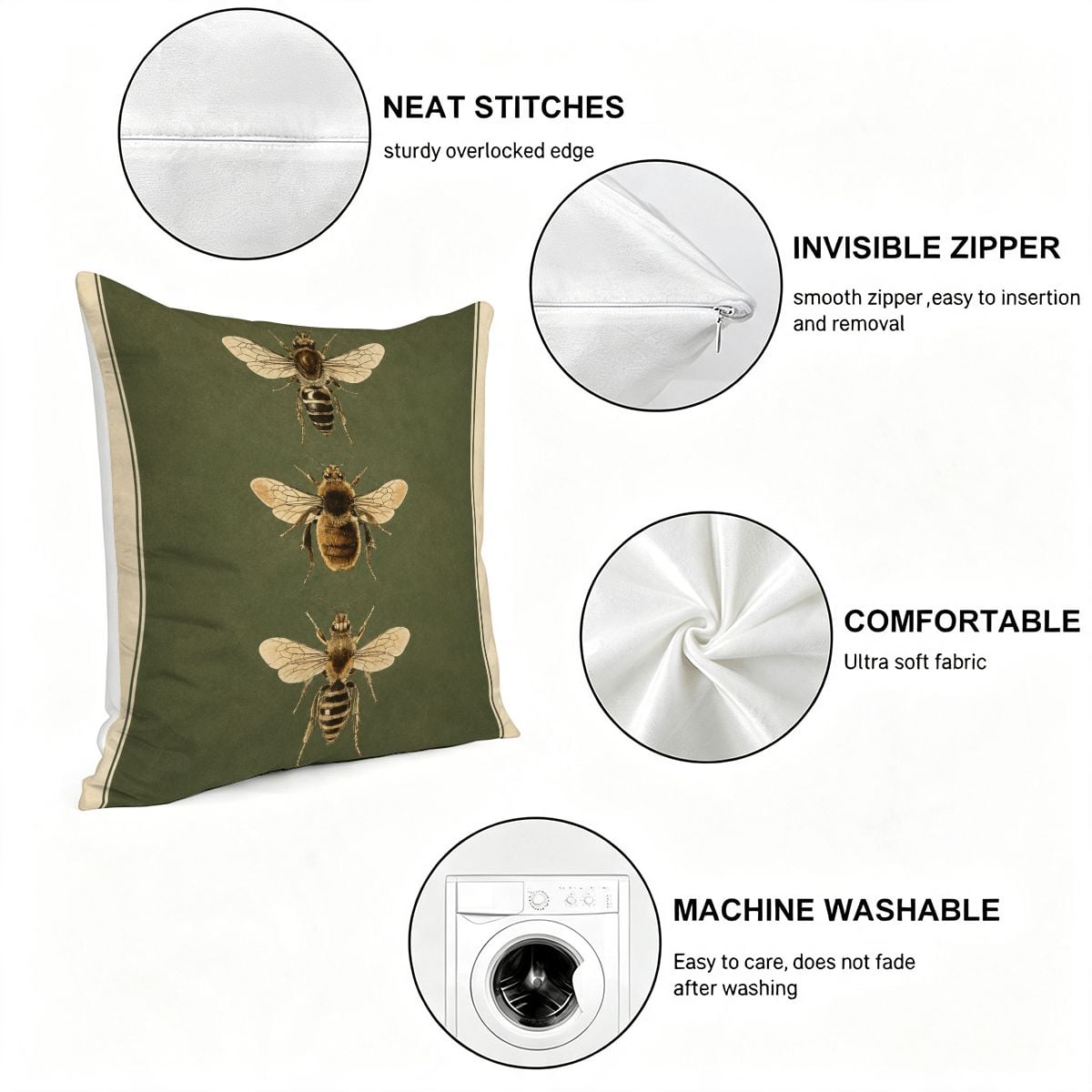 Decorative olive green throw pillow with bee print, featuring an invisible zipper and soft fabric.