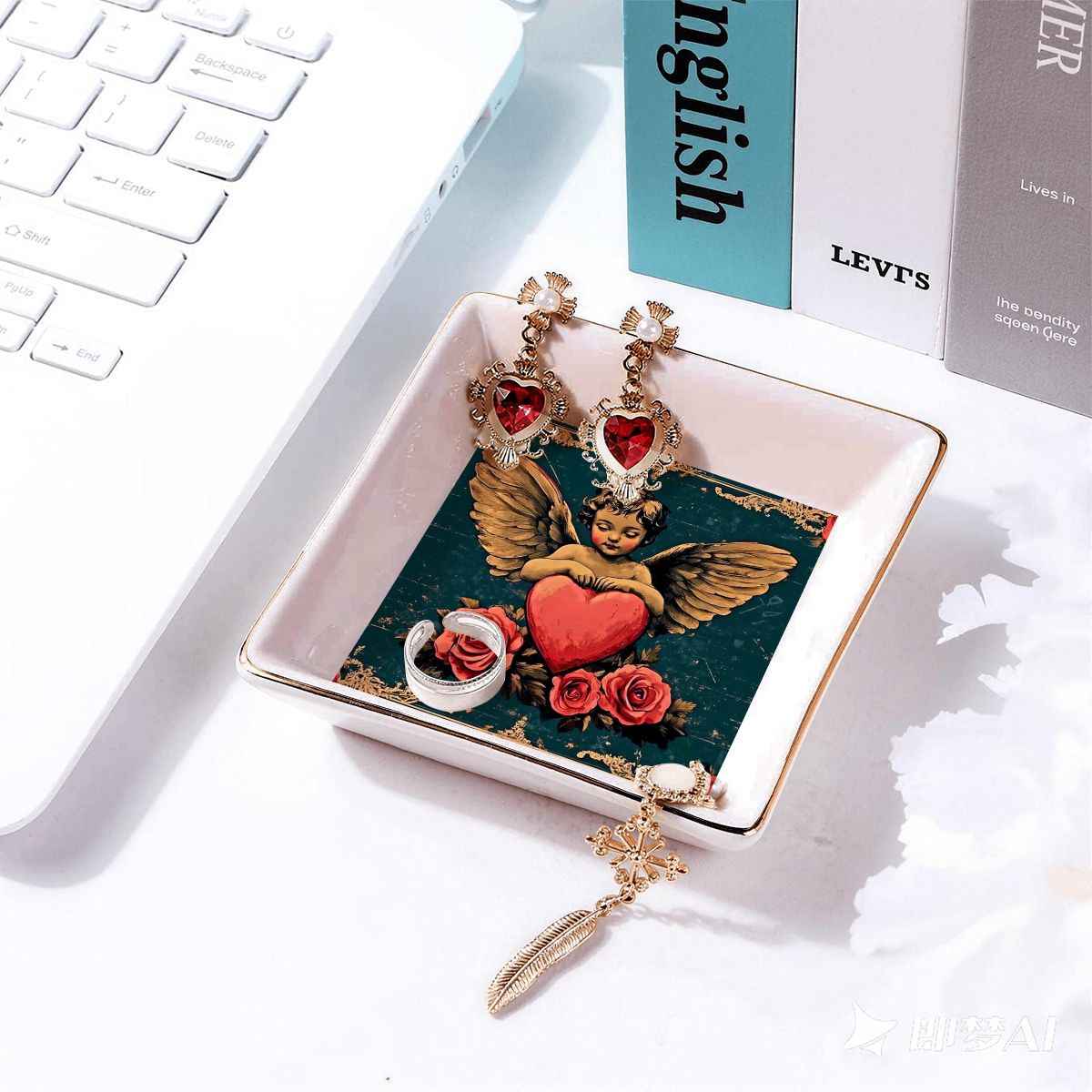 Gold Trim Jewelry Dish Cupid