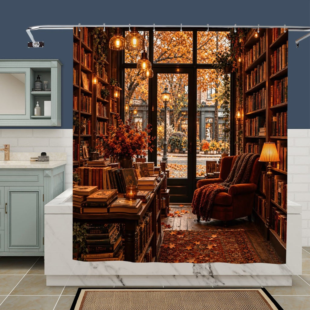 Autumn Bookstore Shower Curtain - 72" x 72" Waterproof Library Print