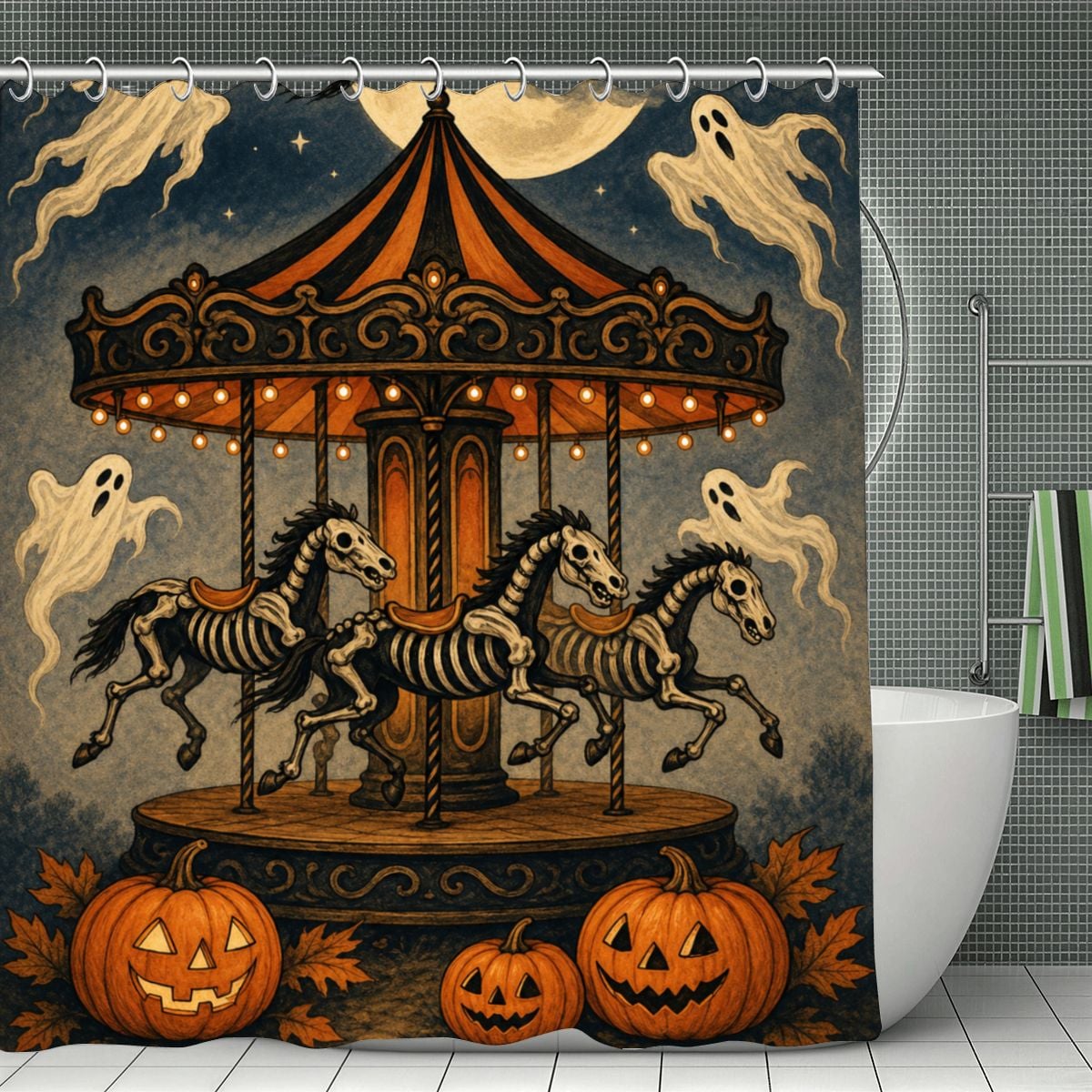 Spooky Halloween shower curtain featuring a skeleton horse carousel with ghosts and pumpkins.