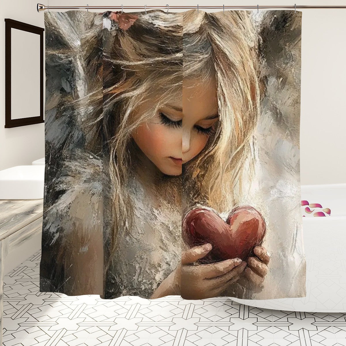 Painterly Angel Girl with Heart Shower Curtain