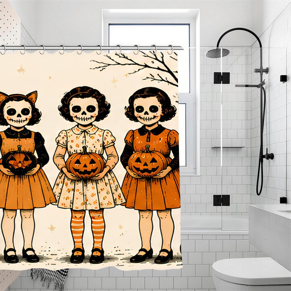 Spooky Halloween shower curtain featuring three girls in skeleton face paint holding pumpkins.