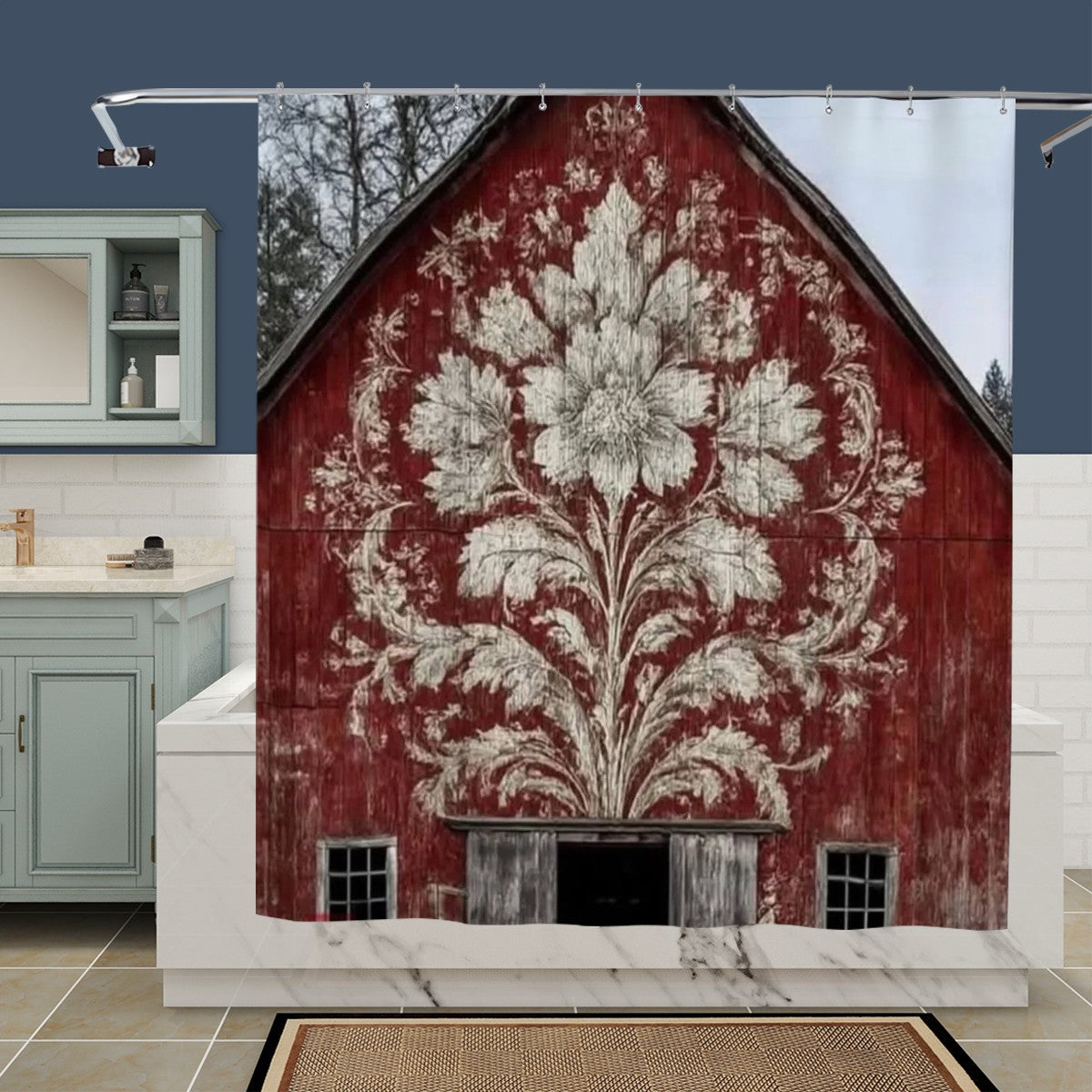 Rustic Red Barn Floral Farmhouse Shower Curtain