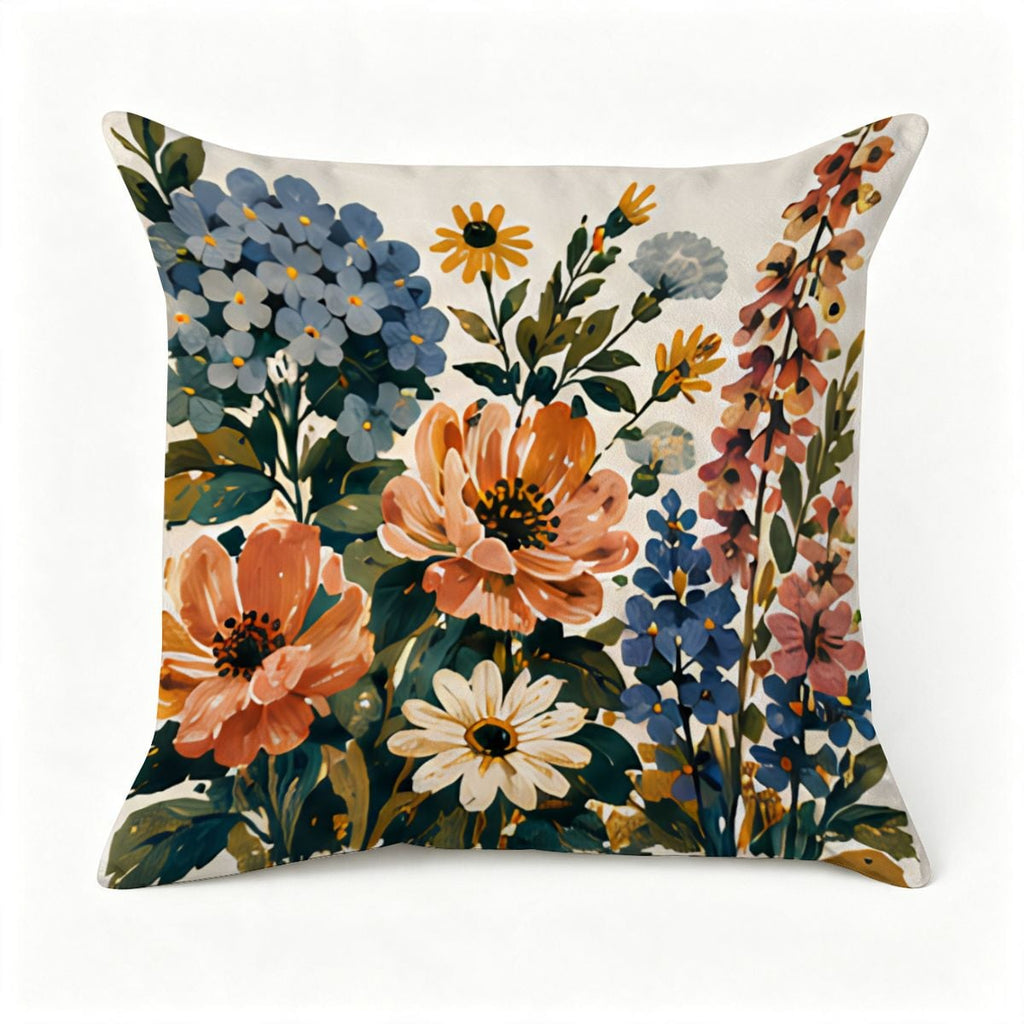 Decorative throw pillow featuring a vibrant wildflower floral pattern in orange, blue, and white.