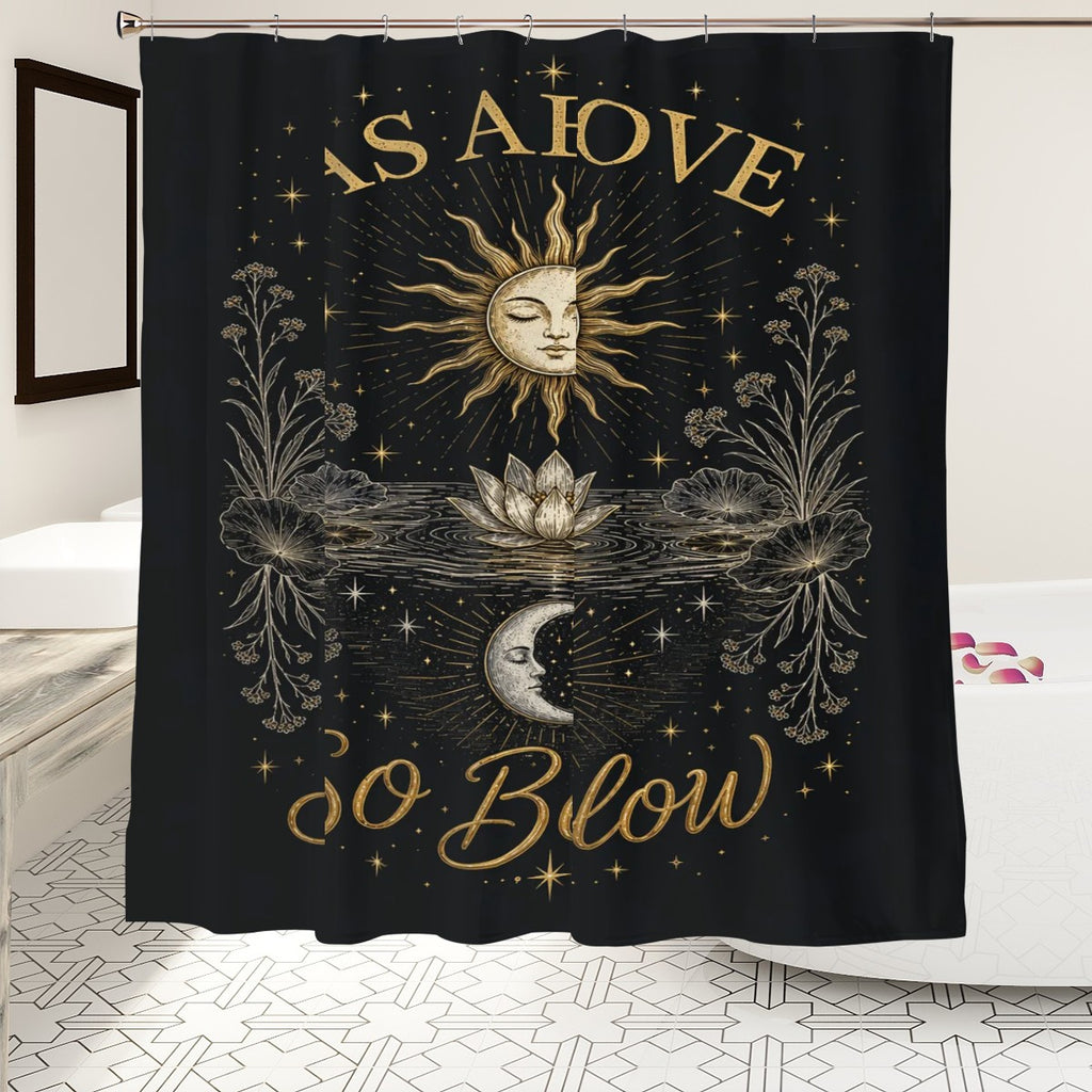 Sandy Beach bathroom decor shower curtain with ocean wave design, hanging in a modern bathroom setting