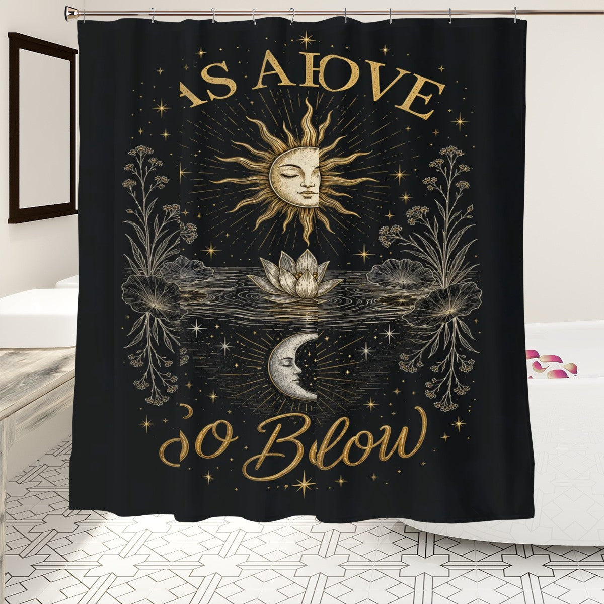 Sandy Beach bathroom decor shower curtain with ocean wave design, hanging in a modern bathroom setting