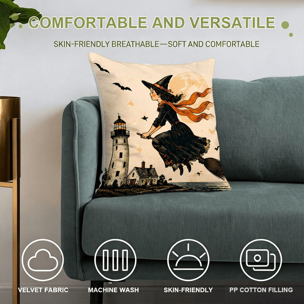 Vintage witch flying on a broomstick over a lighthouse decorative velvet throw pillow.