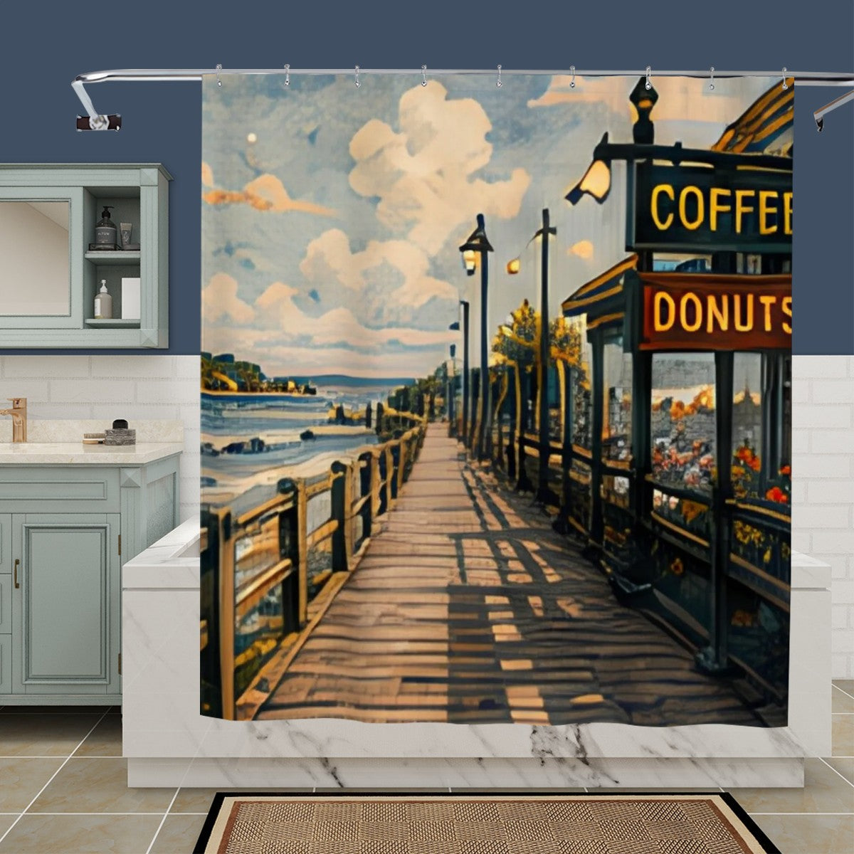 Beach boardwalk shower curtain featuring a scenic coastal view with coffee and donuts shop.