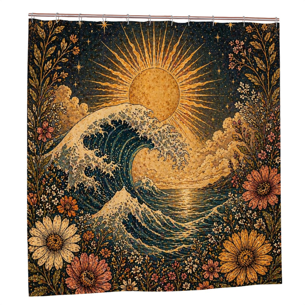 Sandy Beach bathroom decor shower curtain with ocean-inspired design hanging in a modern bathroom setting