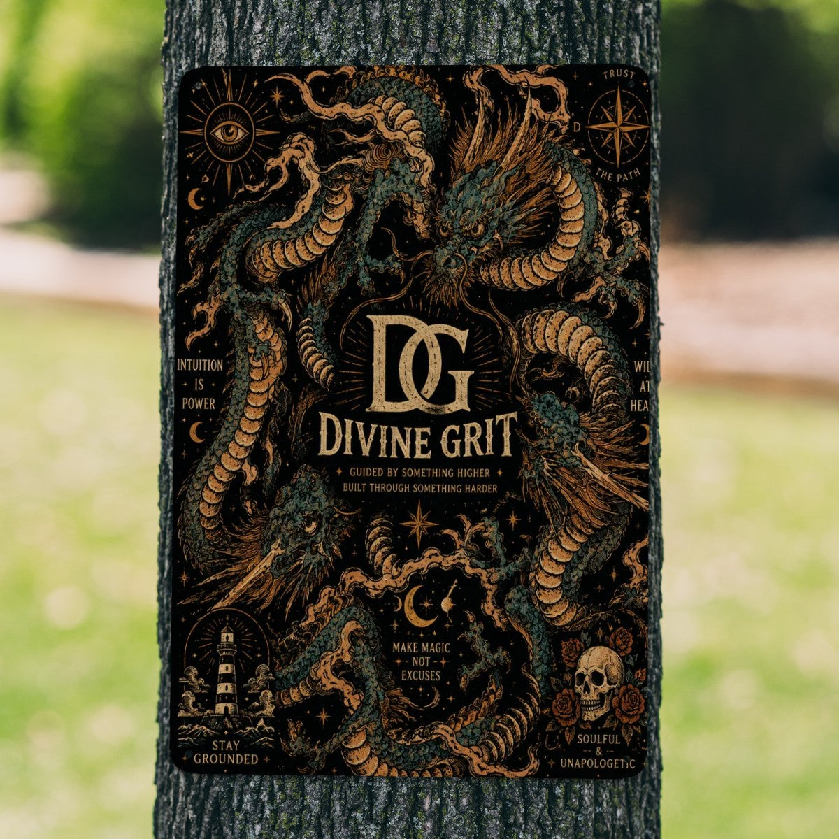 Decorative garden flag featuring a golden dragon illustration with mystical spiritual quotes.