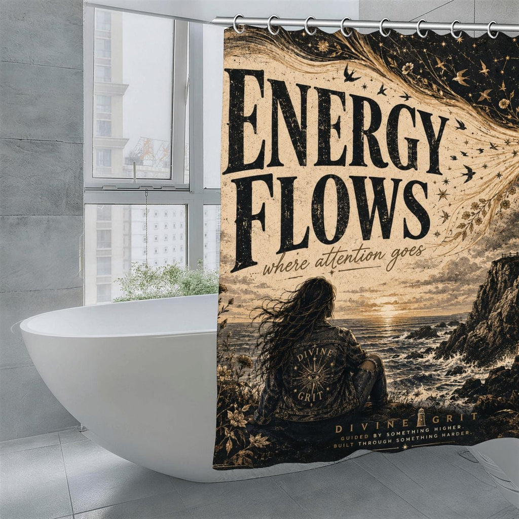 Boho shower curtain with 'Energy Flows Where Attention Goes' quote and celestial ocean scene.