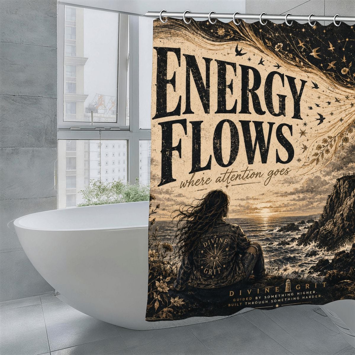 Boho shower curtain with 'Energy Flows Where Attention Goes' quote and celestial ocean scene.