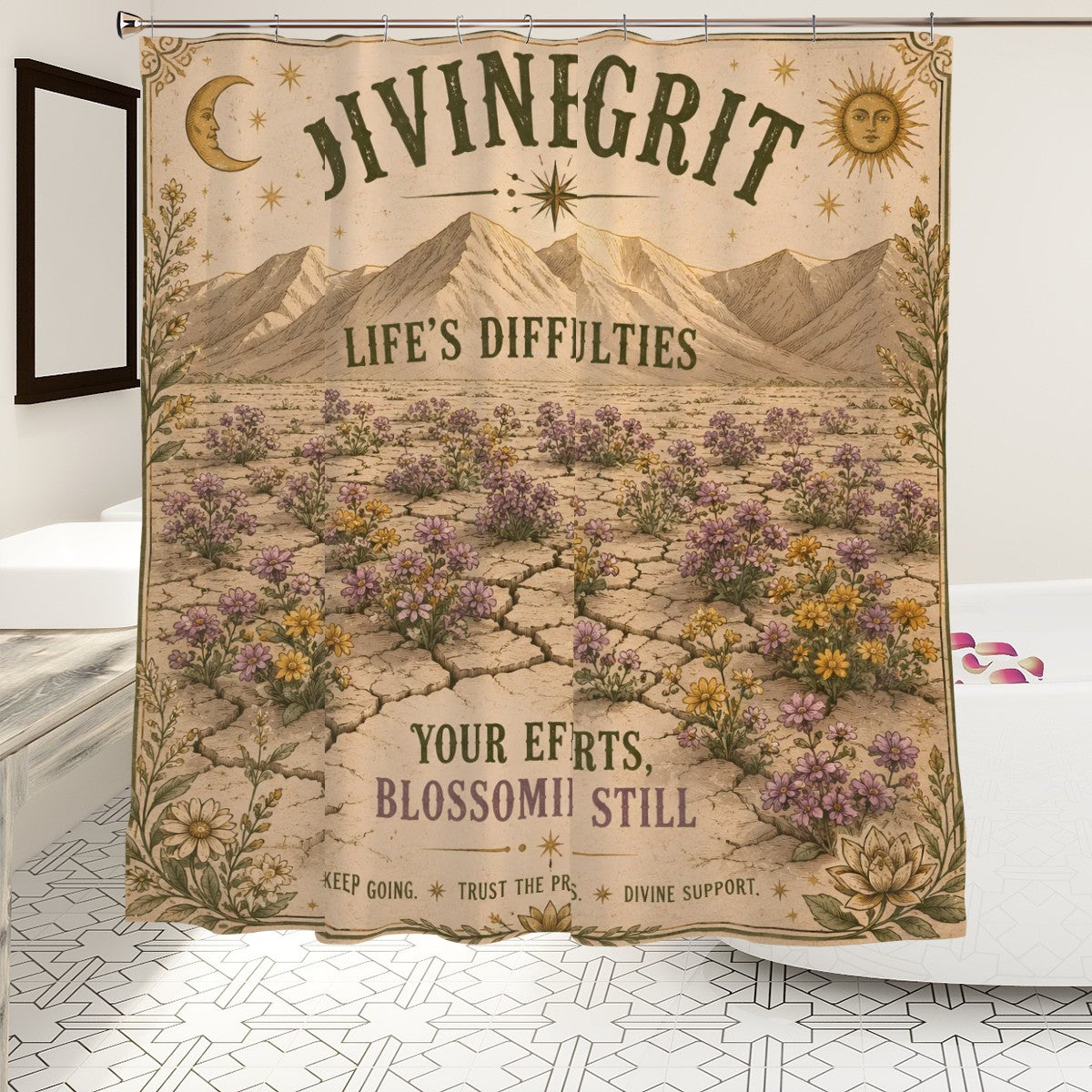 Divine Grit Shower Curtain - 72" x 72" Inspirational Floral Affirmation