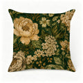 Vintage floral throw pillow with cream peonies and green botanical patterns.