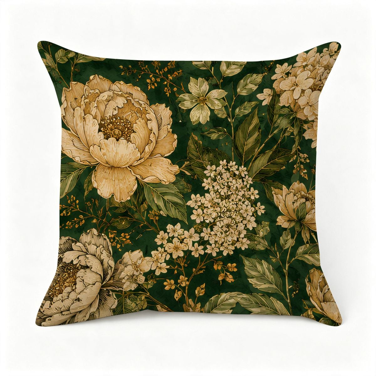 Vintage floral throw pillow with cream peonies and green botanical patterns.