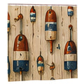 Rustic shower curtain featuring vintage colorful buoys on a weathered wood plank background.
