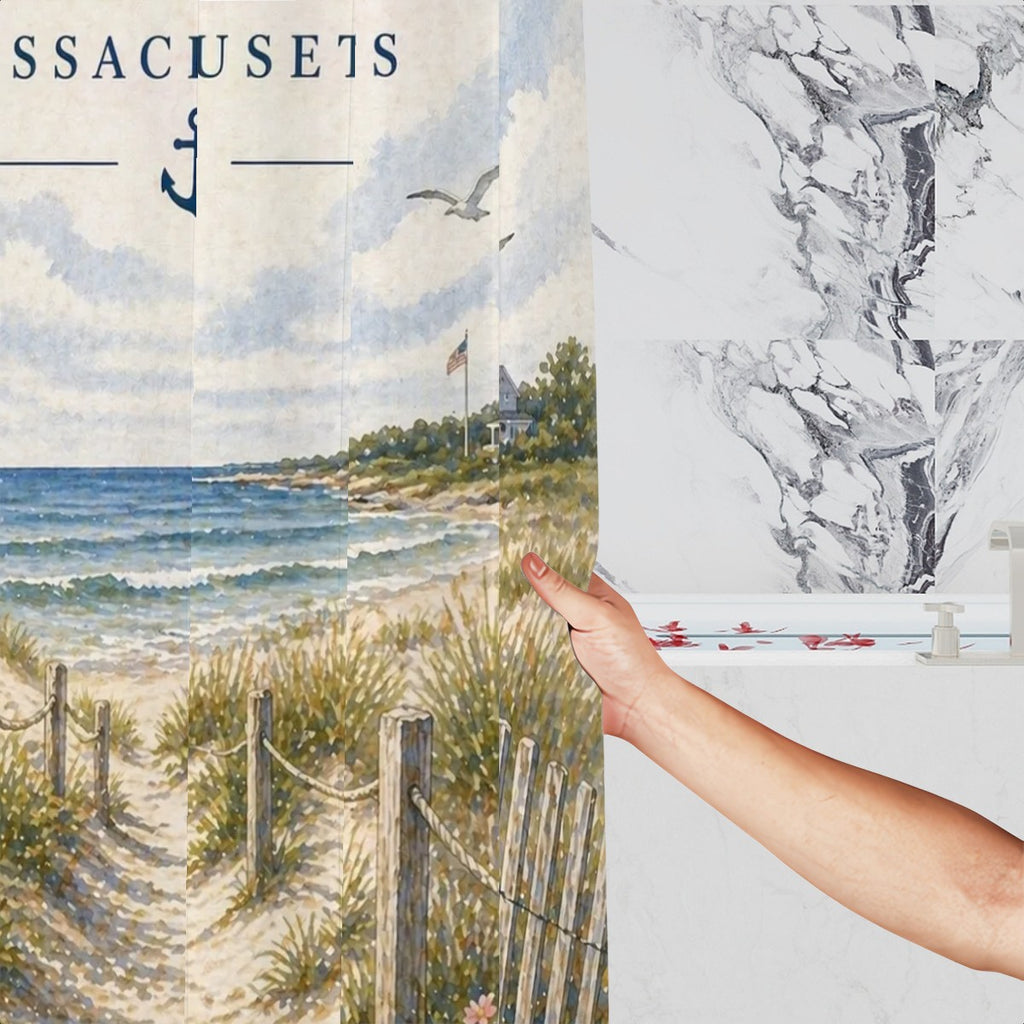 Sandy Beach bathroom decor shower curtain featuring a vibrant beach scene with waves and sandy shores.