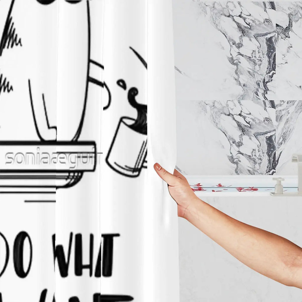 Sandy Beach "I do what I want" cat shower curtain with playful design, bathroom decor featuring a cute cat illustration.