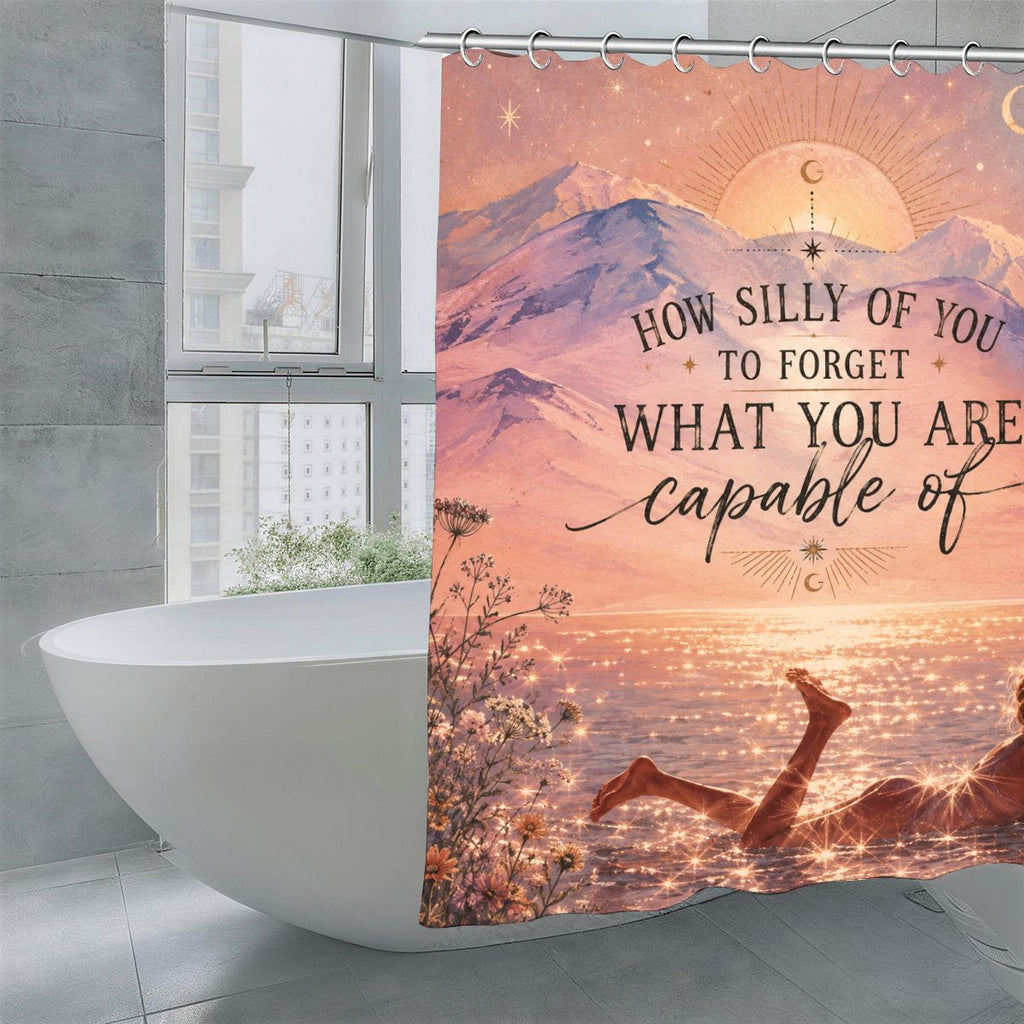 Inspirational mountain and sunset landscape shower curtain with motivational quote.