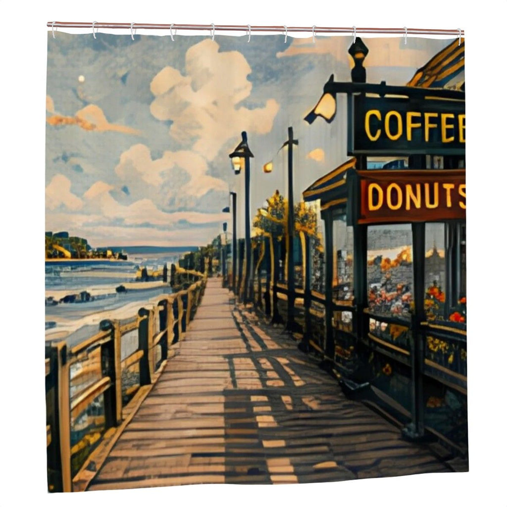 Scenic boardwalk landscape shower curtain featuring a coffee and donuts shop by the ocean.