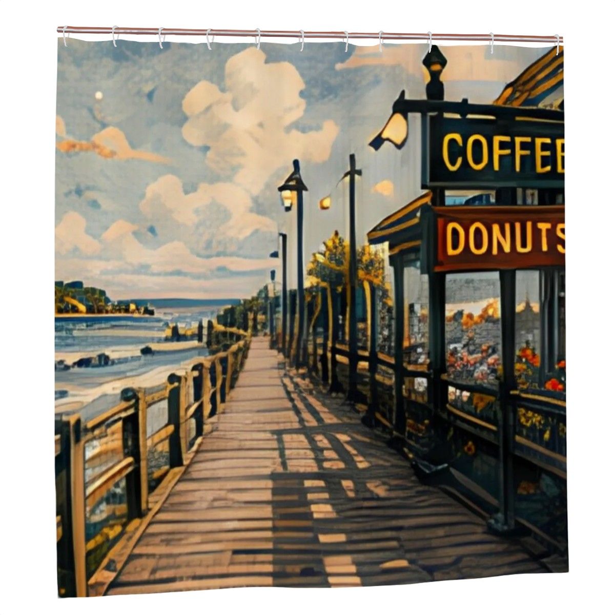 Scenic boardwalk landscape shower curtain featuring a coffee and donuts shop by the ocean.