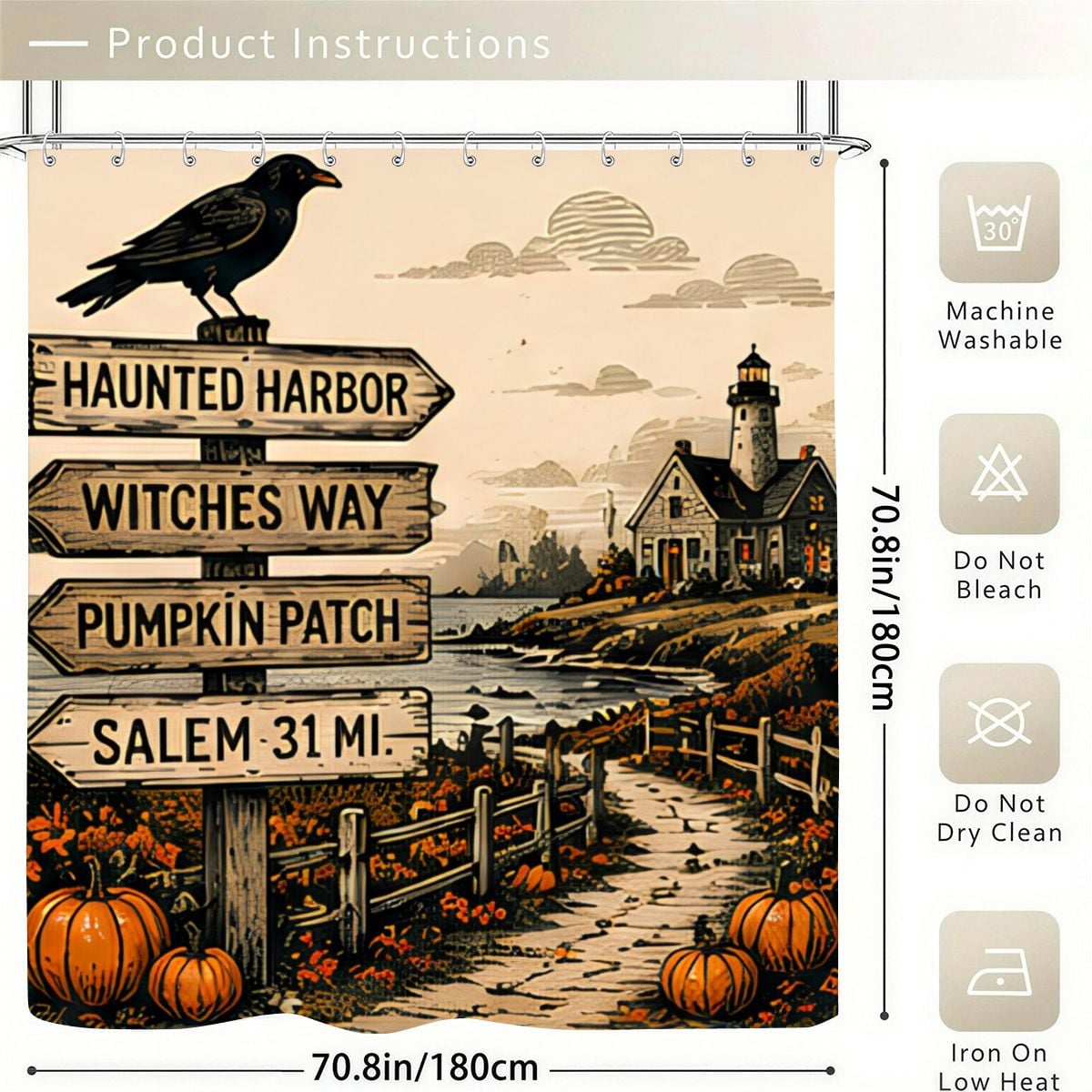 Spooky Halloween shower curtain featuring a raven, wooden signposts, pumpkins, and a lighthouse.