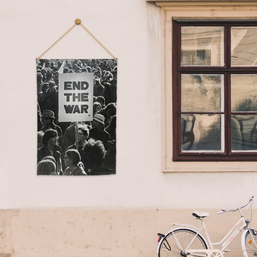 Sandy Beach End The War Protest garden flag with peace-themed design for outdoor garden decor.