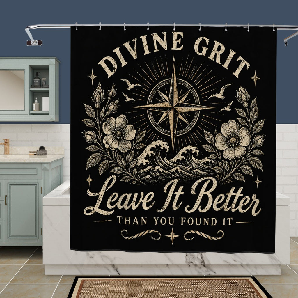 Black shower curtain featuring gold celestial compass, waves, flowers, and Divine Grit text.