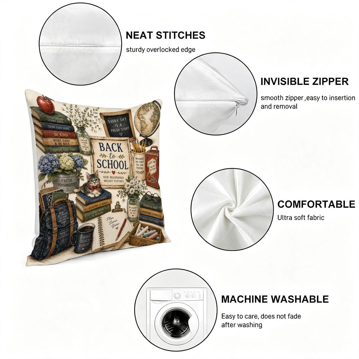 Back to School themed decorative pillow with neat stitches, invisible zipper, and soft fabric.