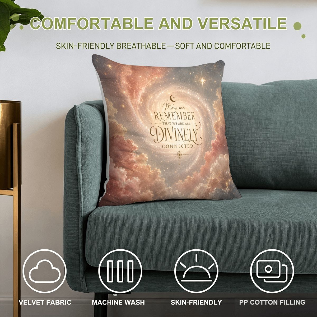 Decorative throw pillow with celestial clouds and divine connection quote on a teal sofa.