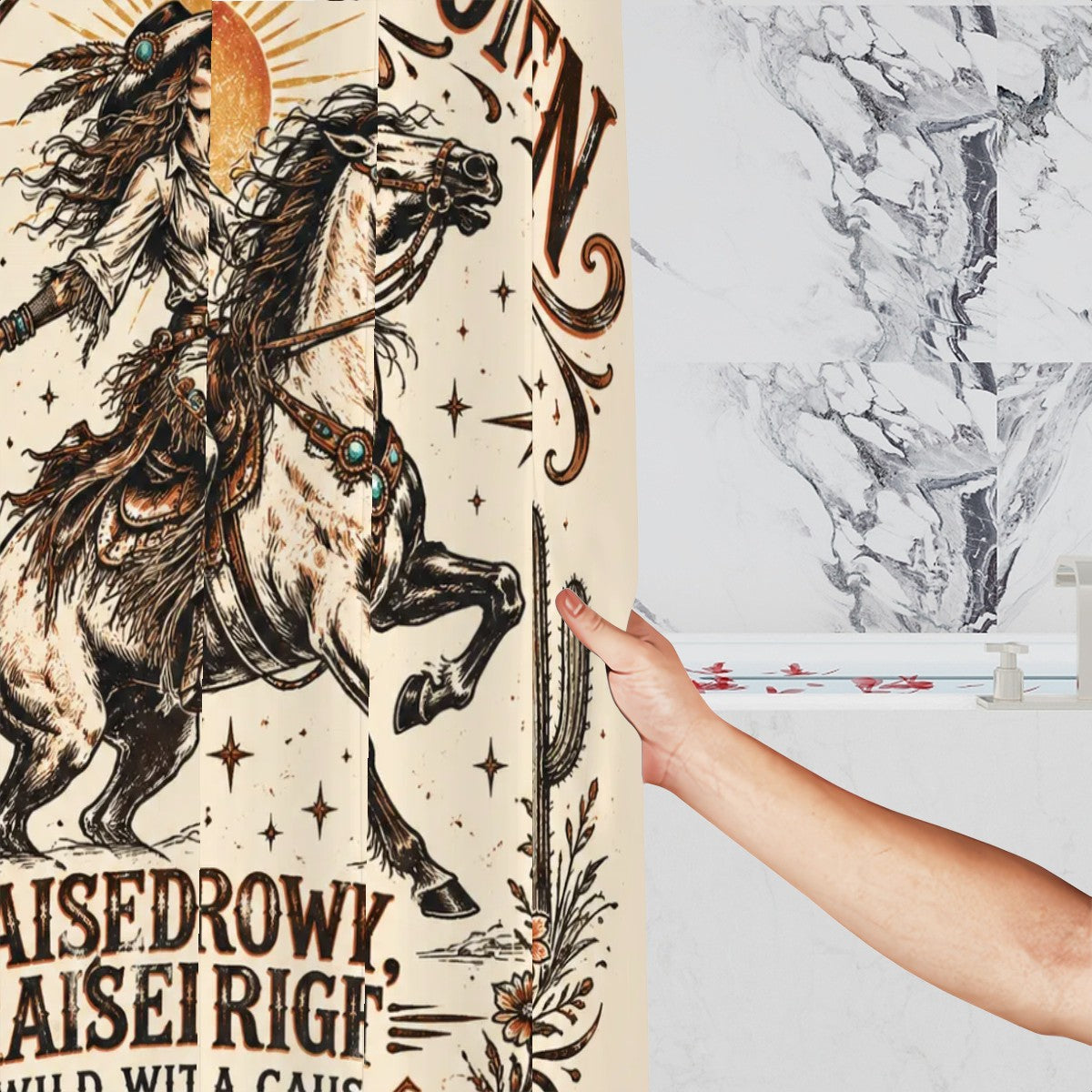 Western style shower curtain featuring a woman riding a horse with vintage desert motifs.