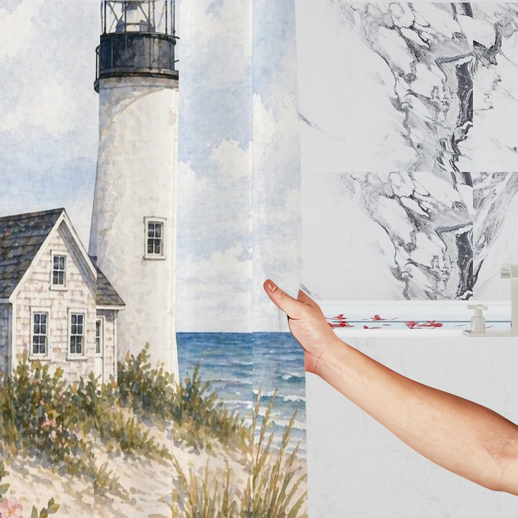 Sandy Beach bathroom decor shower curtain with ocean-inspired design, featuring waves and sandy tones for a coastal look.