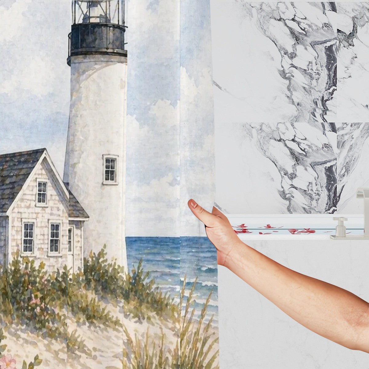 Sandy Beach bathroom decor shower curtain with ocean-inspired design, featuring waves and sandy tones for a coastal look.
