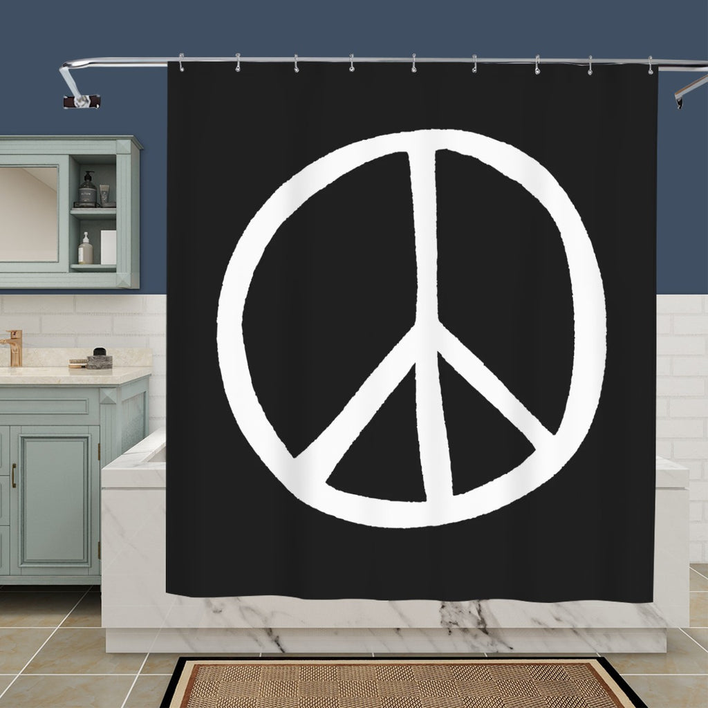 White peace symbol shower curtain for bathroom decor by Sandy Beach, featuring a peaceful design with a white peace symbol.