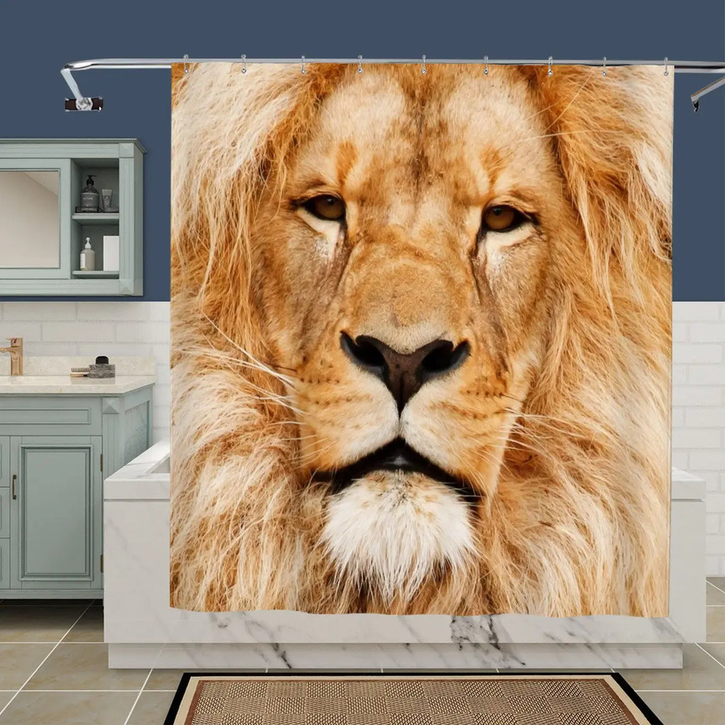 Sandy Beach Majestic Lion Face shower curtain featuring a detailed lion's face design for bathroom decor.