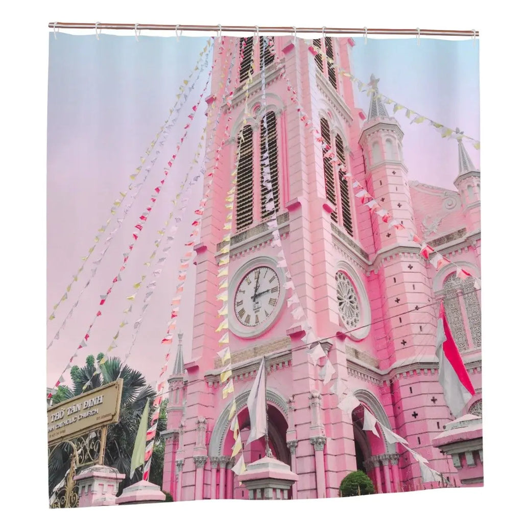 Pink church architecture bathroom shower curtain with detailed church design, ideal for bathroom decor by Sandy Beach.
