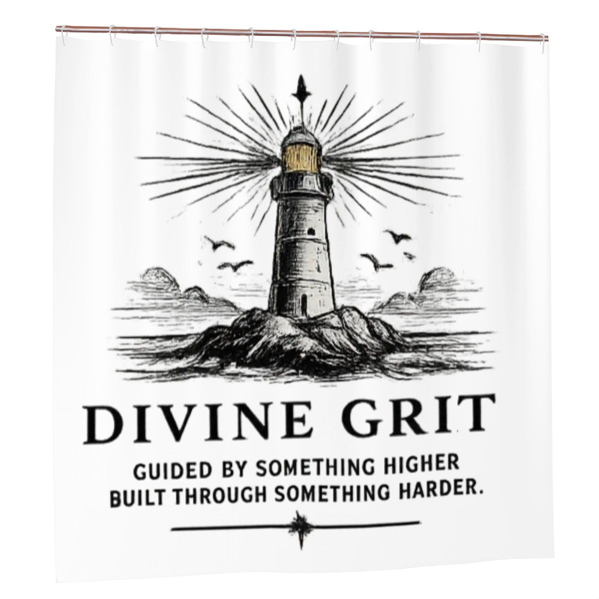 Divine Grit Shower Curtain – Guided by Something Higher Built Through Something Harder Lighthouse Bathroom Decor