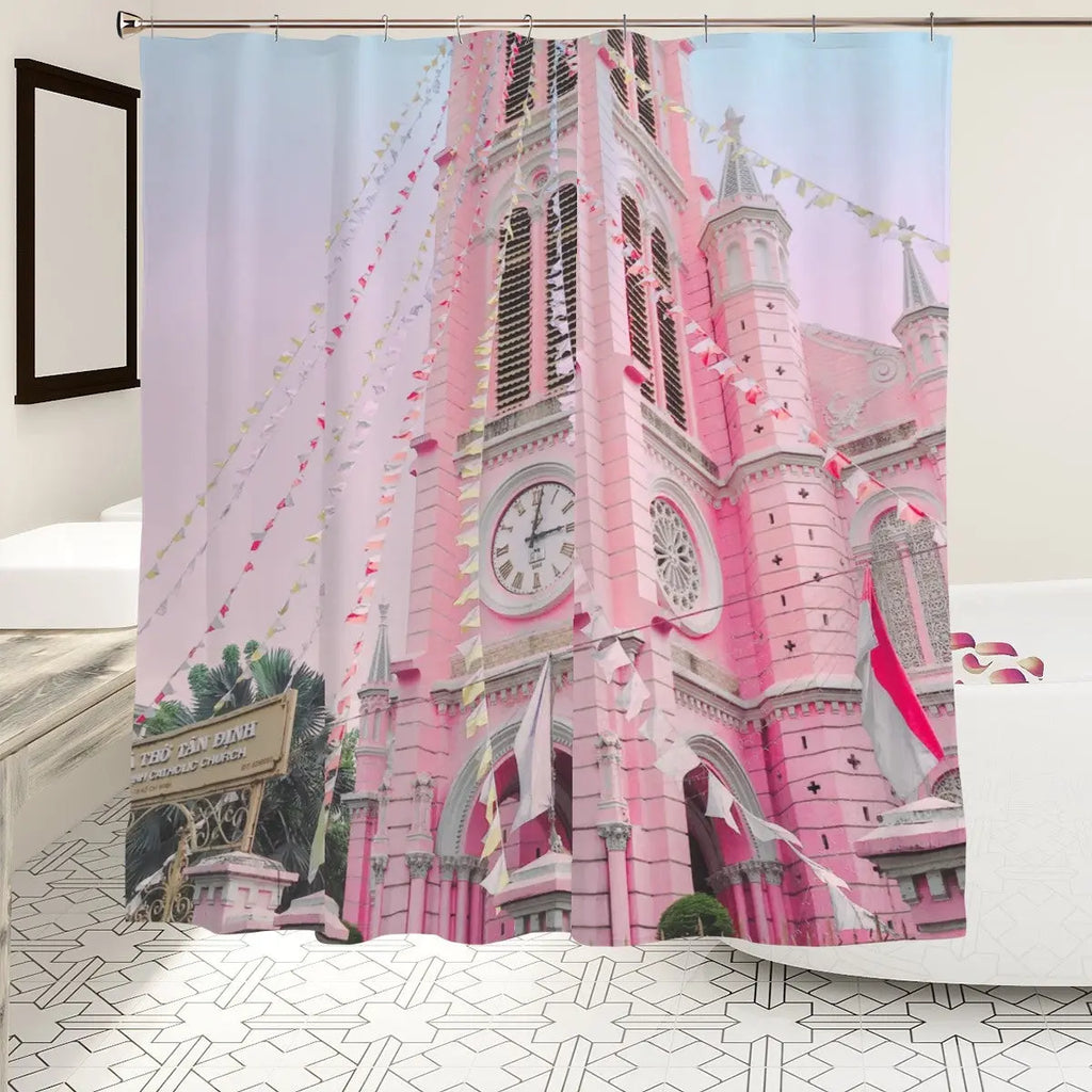 Pink church architecture shower curtain featuring a detailed design, ideal for bathroom decor from Sandy Beach.