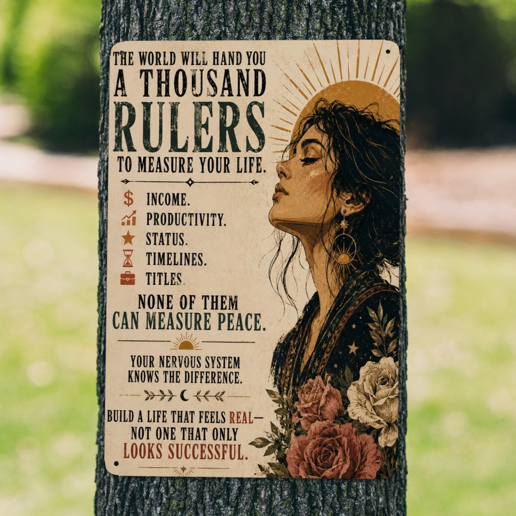 Inspirational garden flag with a woman profile and floral art on a tree trunk.
