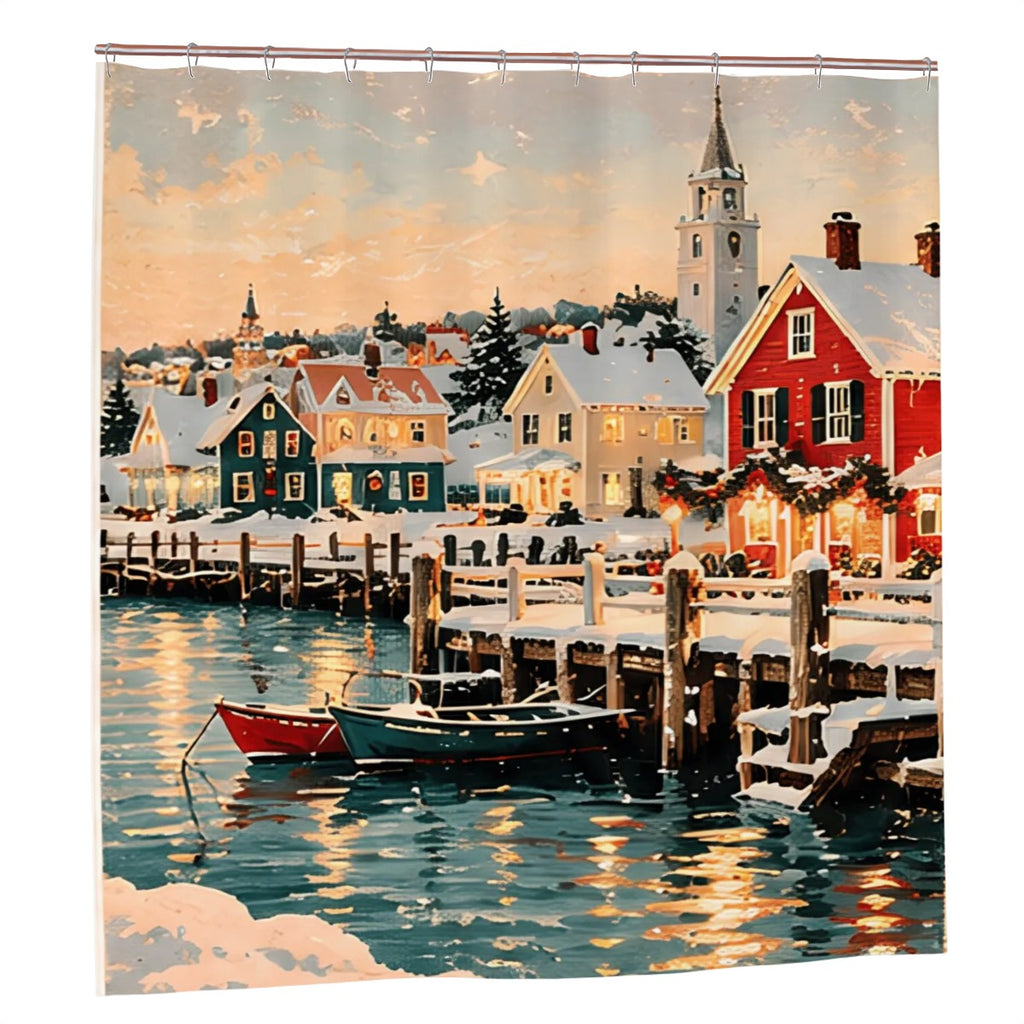Coastal Christmas Village Shower Curtain | Snowy Harbor Winter Scene