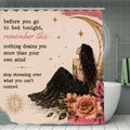 Inspirational shower curtain with celestial woman, moon, and floral design with motivational text.