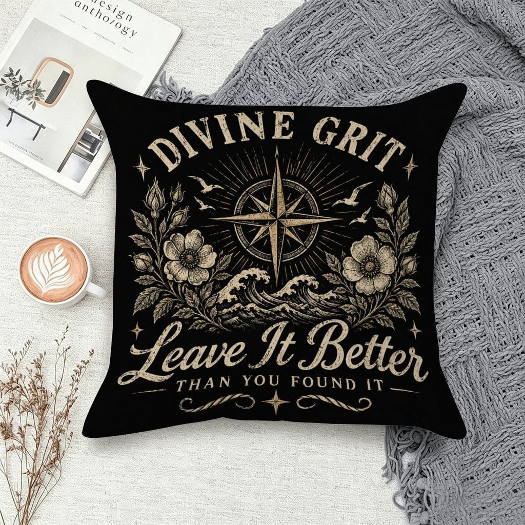 Black decorative throw pillow with vintage gold compass, waves, and floral divine grit text.
