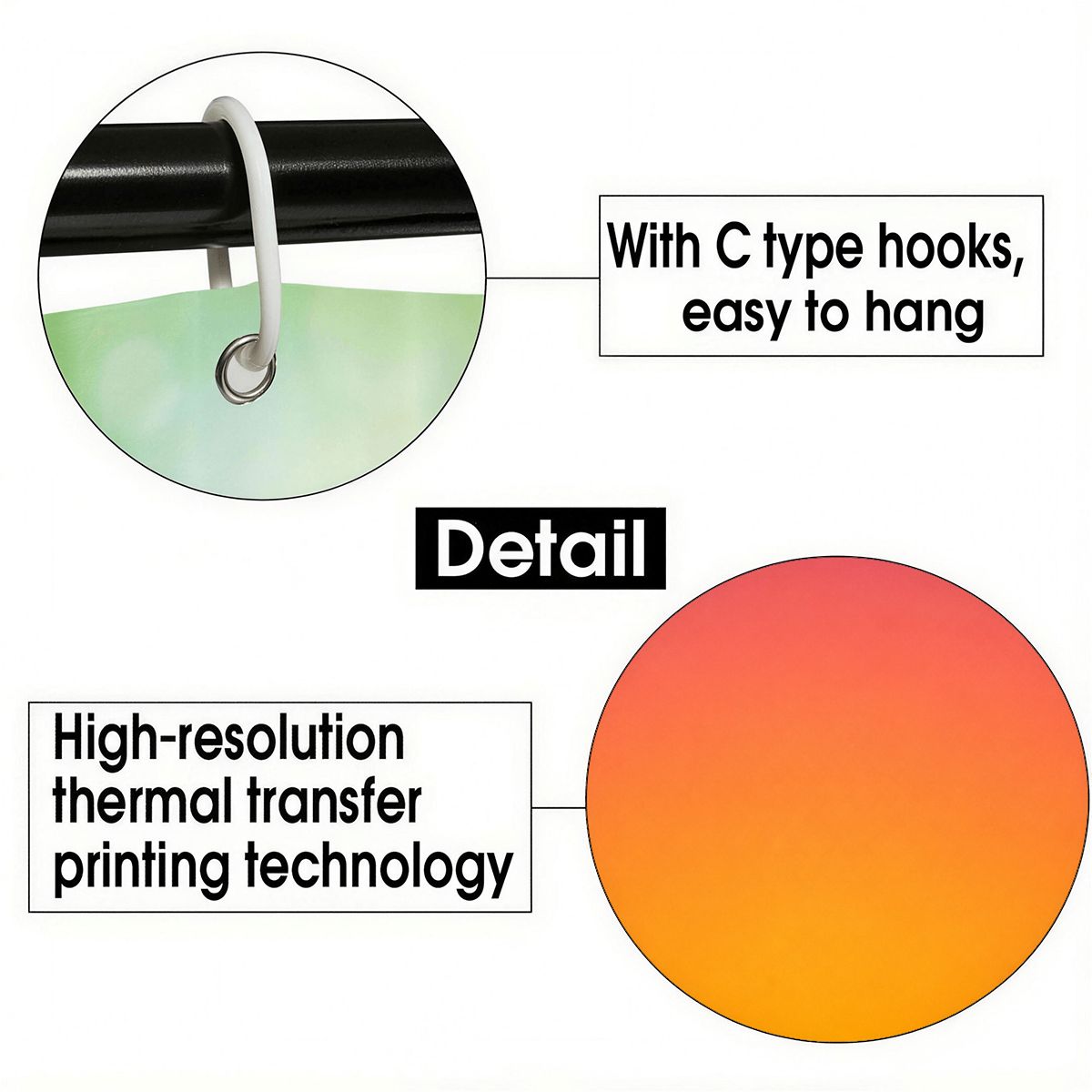 Close-up detail of C-type hooks for hanging and high-resolution thermal transfer printing.