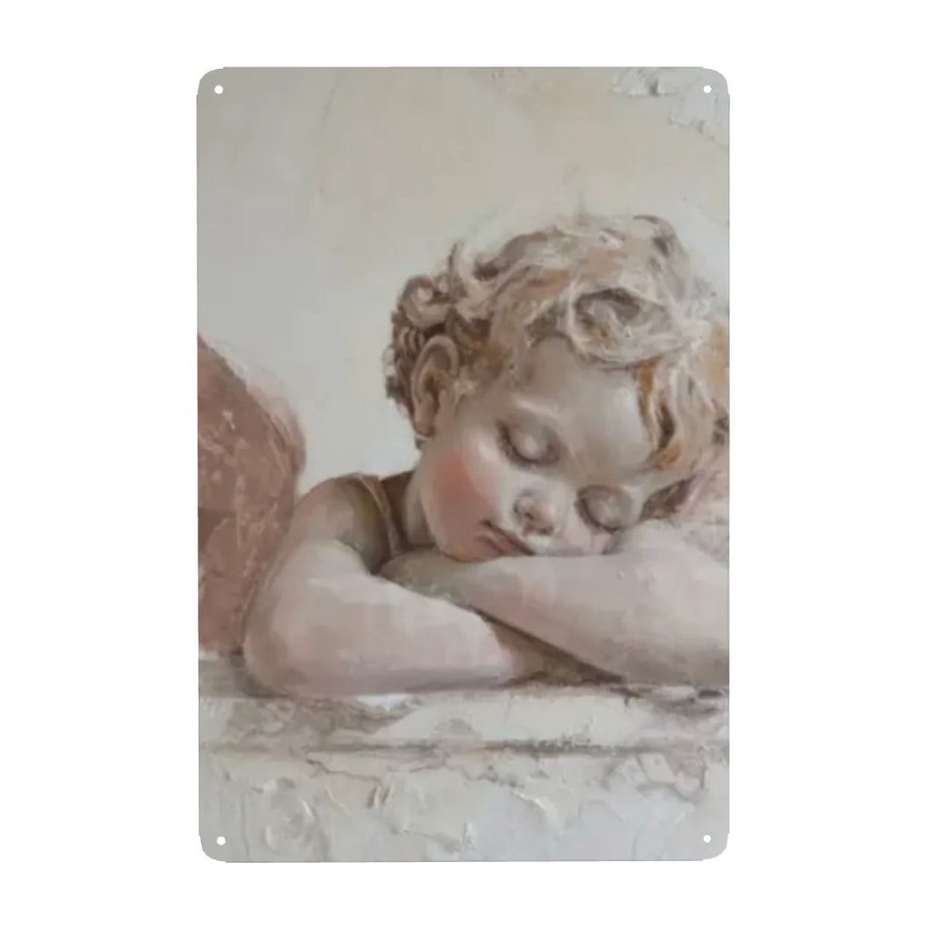 Oil painting of a sleeping cherub with blonde curls resting on a stone ledge.