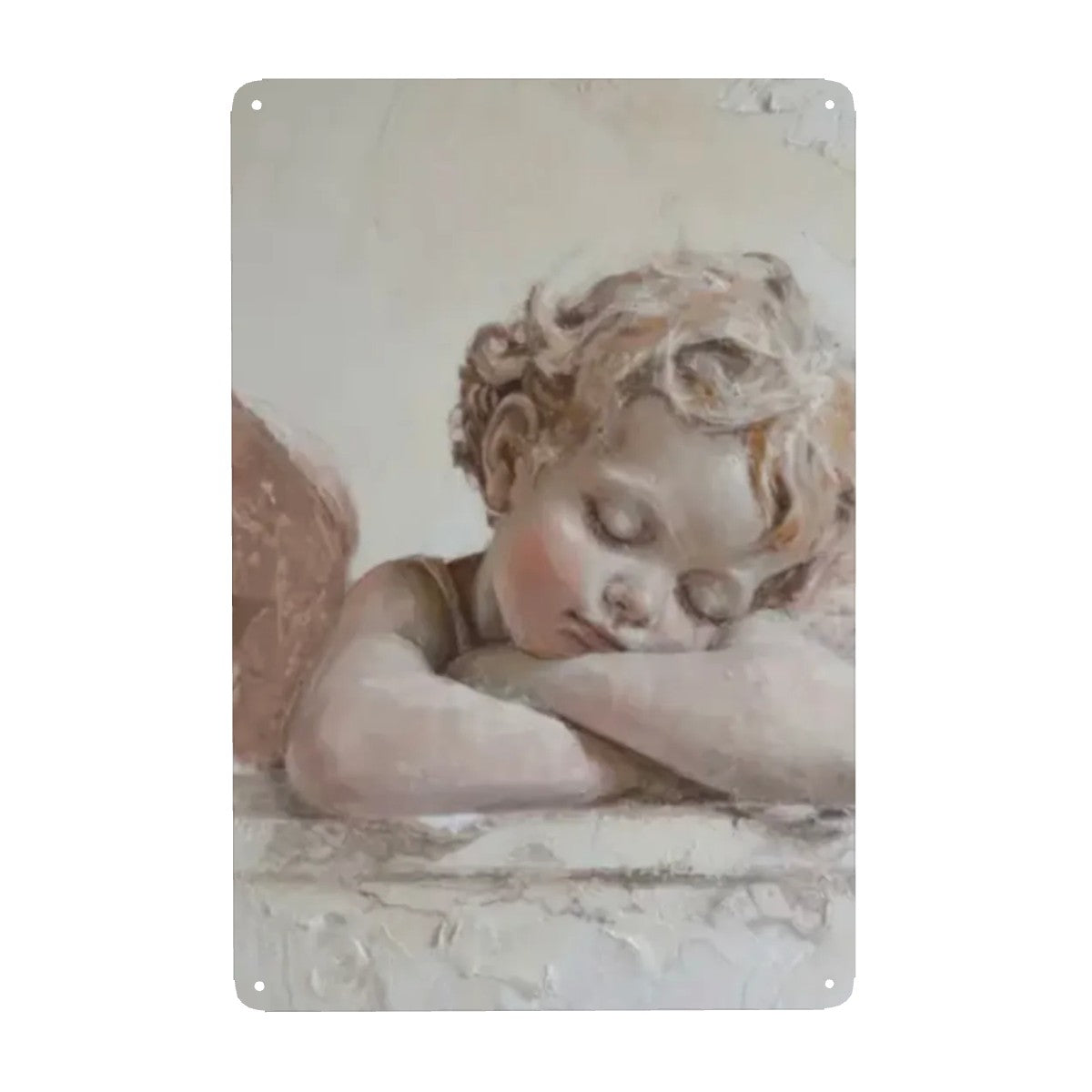 Oil painting of a sleeping cherub with blonde curls resting on a stone ledge.