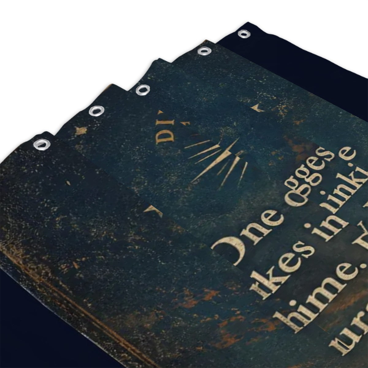 Vintage style dark teal garden flag with gold celestial text and metallic grommets.