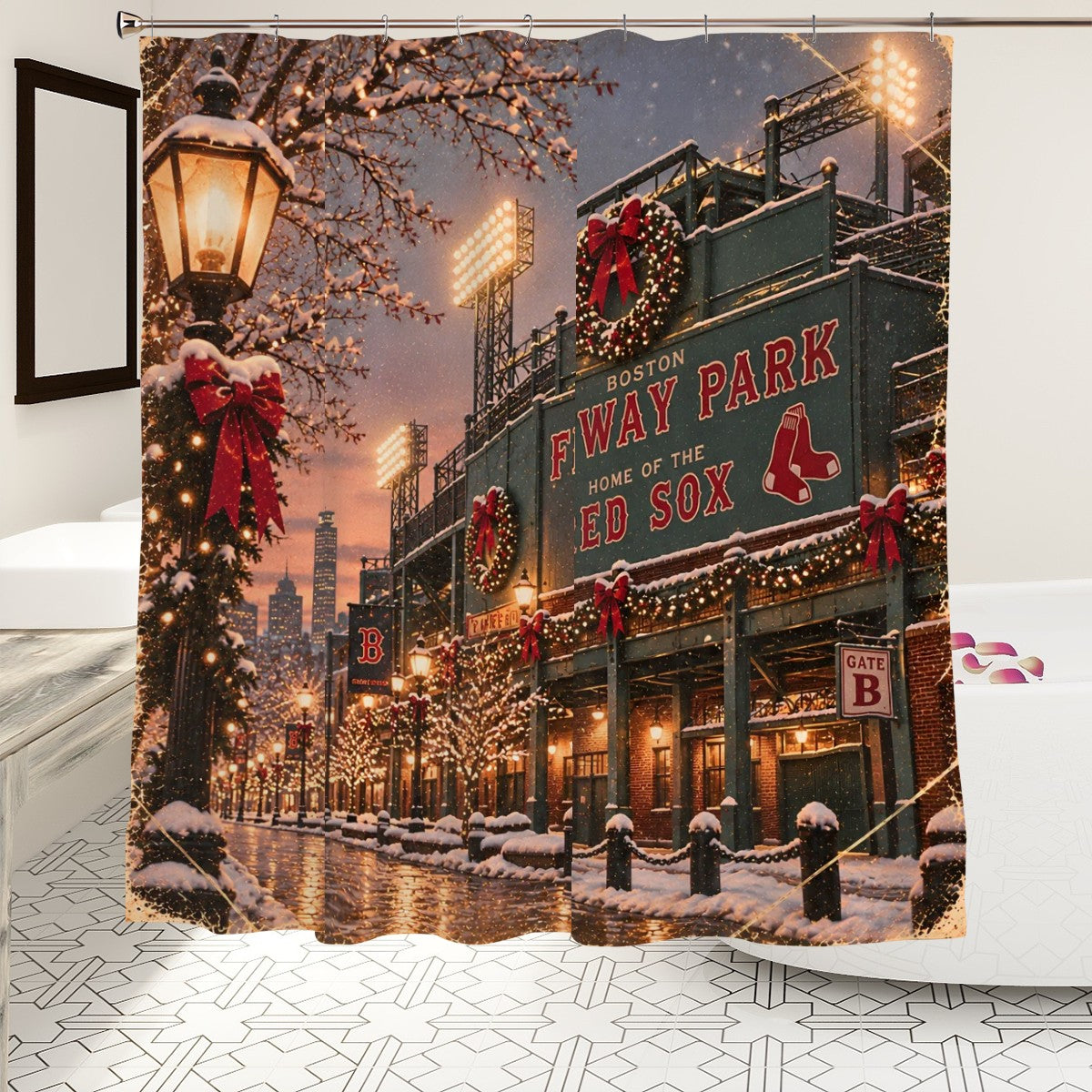 Fenway Park Christmas Shower Curtain | Boston Winter Baseball Scene